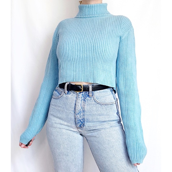 Vintage Sweaters - Vintage Retro Blue Woven Cotton Knit Cropped Turtleneck Sweater